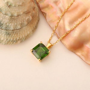 Emerald Square Necklace, 14K Solid Gold Charms, May Birthstone Pendant, Christmas or Mother&#39;s Day Gift