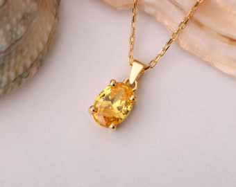 Yellow Topaz Oval Necklace 14K 10K 8K Solid Gold, Birthstone Pendant, Woman's Jewelry