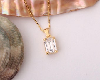 White Topaz Rectangle Necklace 14K 10K 8K Solid Gold, April Birthstone Pendant,Bride Jewelry