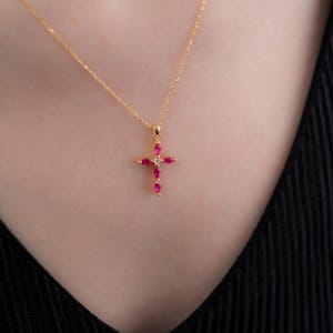 Rubin Kreuz Marquise Halskette 14K 10K 8K Massivgold Echt Diamant, Juli Birthstone Schmuck