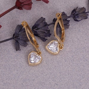 White Topaz Heart Cut Bezel Dangle Earrings, 14K Solid Gold April Birthstone Jewelry