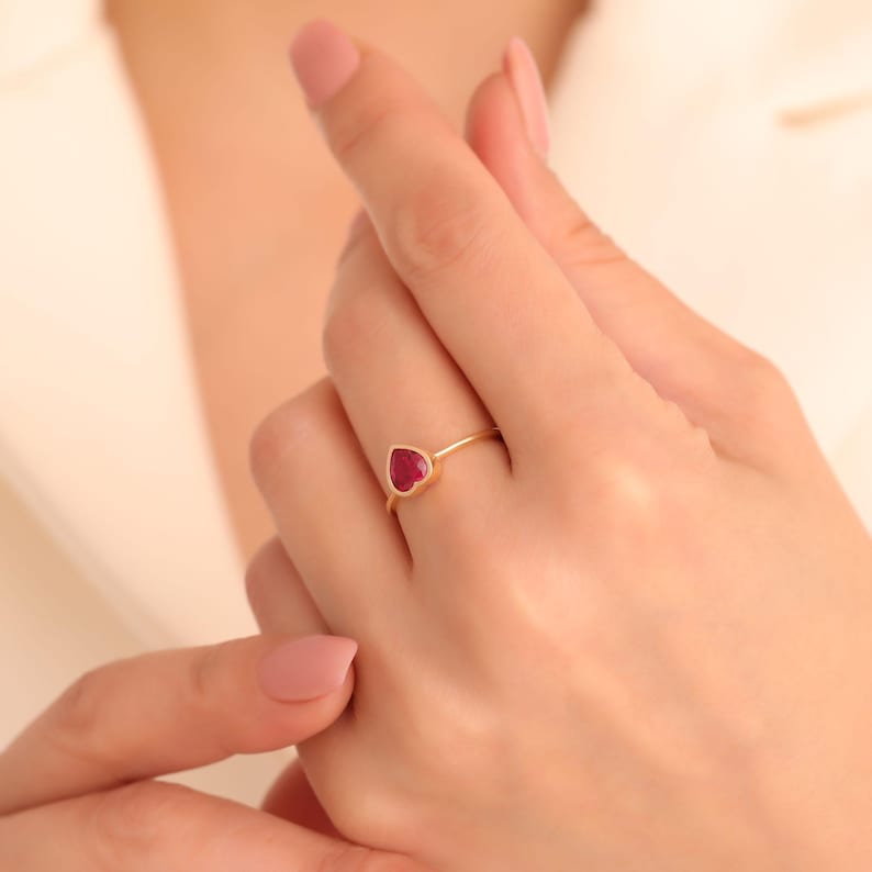 Chic Ruby Heart Ring, Handmade 14K Solid Gold Jewelry, July Birthstone, Bezel Heart Ring, Anniversary or Valentines Gift