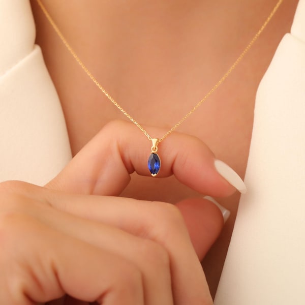 Collar de zafiro marquesa en oro macizo de 14K y 10K, colgante de piedra natal de septiembre