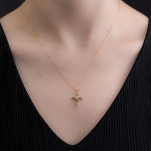 Emerald Single Diamond Marquise Cross Necklace, 14K Solid Gold Charm, May Birthstone Pendant, Elegant Christmas or Mothers Day Gift