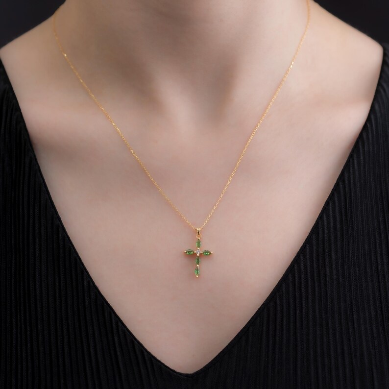 Emerald Single Diamond Marquise Cross Necklace, 14K Solid Gold Charm, May Birthstone Pendant, Elegant Christmas or Mothers Day Gift