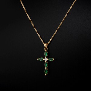 Emerald Single Diamond Marquise Cross Necklace, 14K Solid Gold Charm, May Birthstone Pendant, Elegant Christmas or Mothers Day Gift