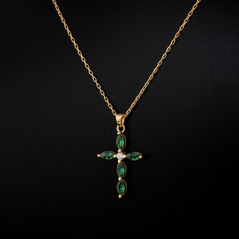 Emerald Single Diamond Marquise Cross Necklace, 14K Solid Gold Charm, May Birthstone Pendant, Elegant Christmas or Mothers Day Gift