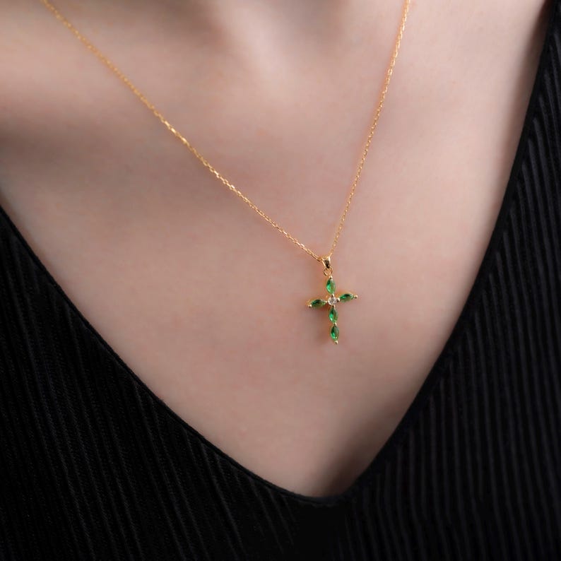 Emerald Single Diamond Marquise Cross Necklace, 14K Solid Gold Charm, May Birthstone Pendant, Elegant Christmas or Mothers Day Gift
