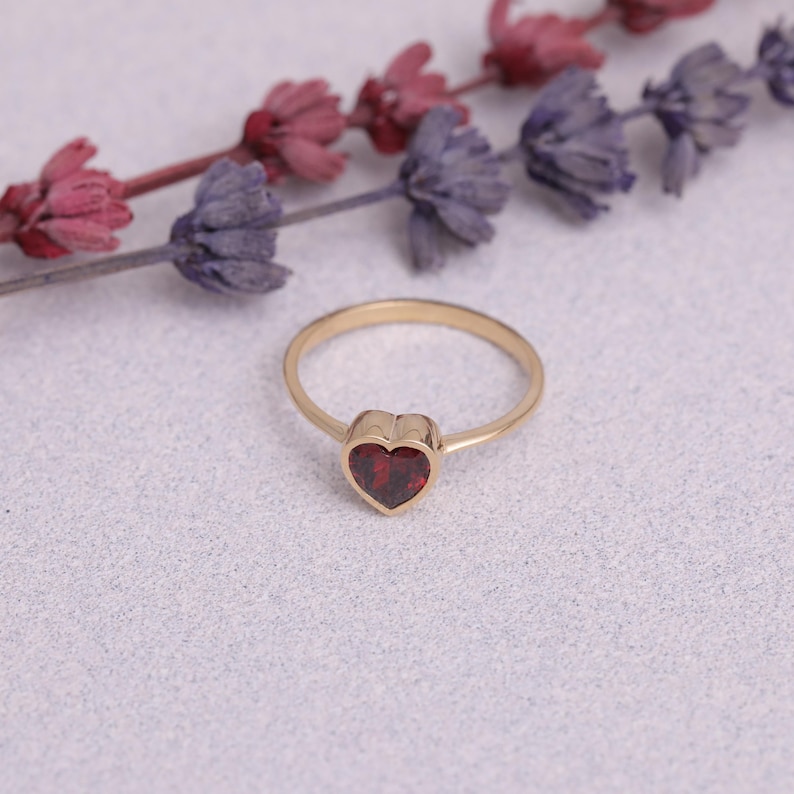 Garnet Heart Ring, 14K Solid Gold, January Birthstone Jewelry, Bezel Heart Ring, Valentines or Birthday Gift