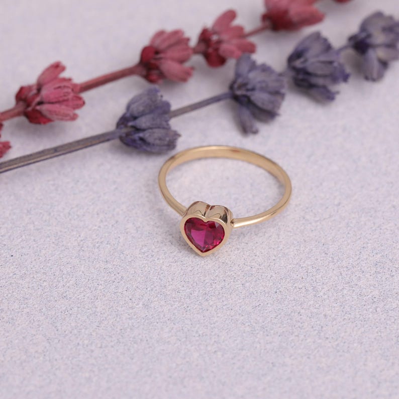 Chic Ruby Heart Ring, Handmade 14K Solid Gold Jewelry, July Birthstone, Bezel Heart Ring, Anniversary or Valentines Gift