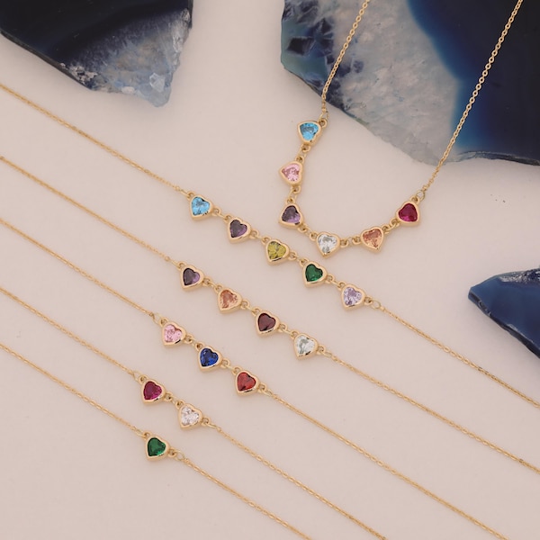 Collar de corazón personalizado en oro macizo de 14 quilates - Joyería con piedras de nacimiento