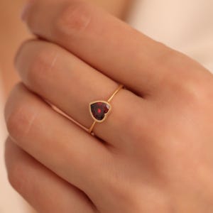Garnet Heart Ring, 14K Solid Gold, January Birthstone Jewelry, Bezel Heart Ring, Valentines or Birthday Gift