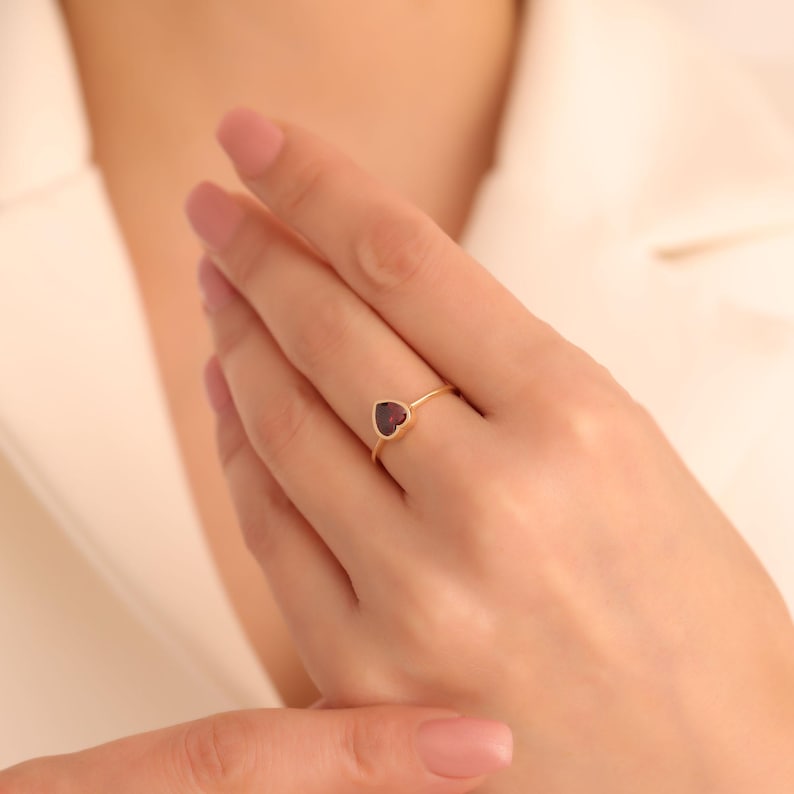 Garnet Heart Ring, 14K Solid Gold, January Birthstone Jewelry, Bezel Heart Ring, Valentines or Birthday Gift