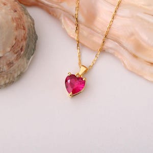 Elegant Ruby Heart Necklace, 14K Solid Gold Charm, July Birthstone Pendant, Minimalist Christmas or Anniversary Gift
