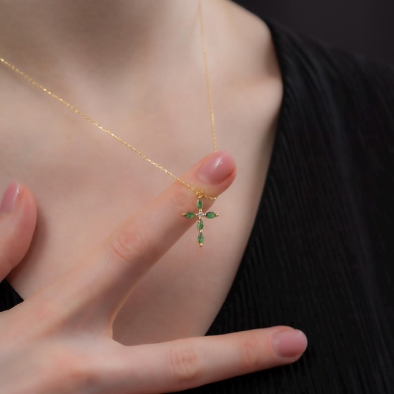 Emerald Cross Marquise Necklace 14K 10K 8K Solid Gold Real Diamond, May Birthstone Jewelry