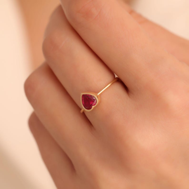 Chic Ruby Heart Ring, Handmade 14K Solid Gold Jewelry, July Birthstone, Bezel Heart Ring, Anniversary or Valentines Gift