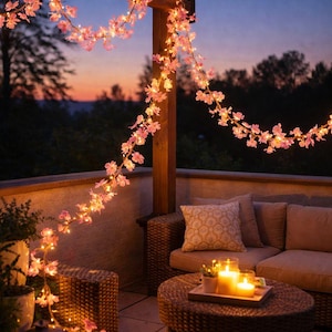 Pode incluir: Cena de pátio ao ar livre ao entardecer, com um sofá de vime castanho e uma mesa de centro redonda. Luzes de corda florais rosa são drapeadas sobre uma pérgula de madeira, iluminando o espaço. Almofadas decorativas e velas acesas.