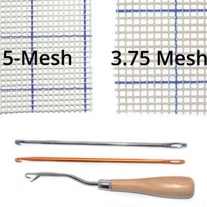 May include: Two pieces of beige canvas mesh fabric, one labeled "5-Mesh" and the other "3.75 Mesh". Three crochet hooks are shown below the fabric: one silver, one orange, and one with a wooden handle.