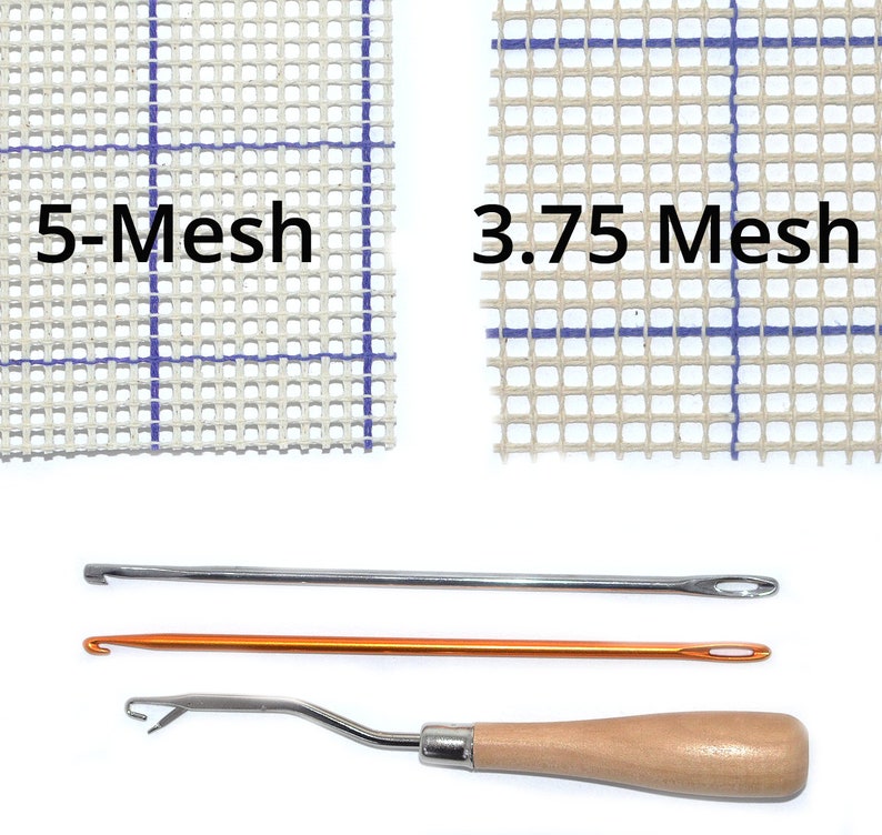 May include: Two pieces of beige canvas mesh fabric, one labeled "5-Mesh" and the other "3.75 Mesh". Three crochet hooks are shown below the fabric: one silver, one orange, and one with a wooden handle.