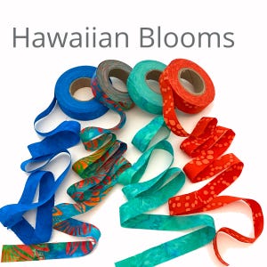 May include: Assortment of colorful fabric ribbon rolls with Hawaiian floral prints in blue, turquoise, and red. The rolls are arranged in a loose pile on a white background. The text "Hawaiian Blooms" is displayed above the rolls.