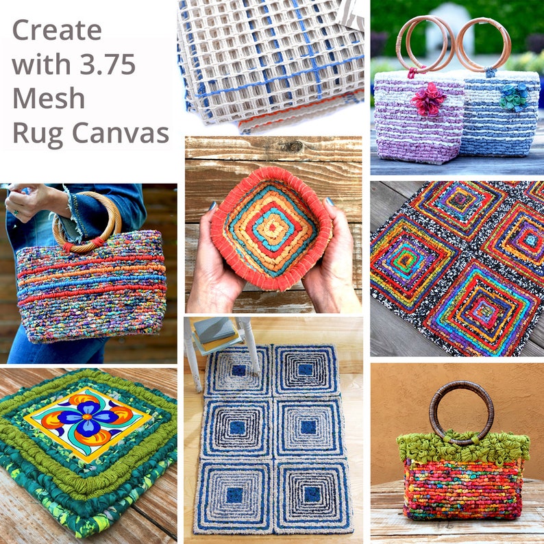 May include: Create with 3.75 Mesh Rug Canvas. A collage of images showing different projects made with a 3.75 mesh rug canvas, including a tote bag, a bowl, a rug, and a small square rug with a floral design.