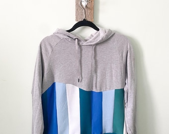 Upcycled Patchwork Hoodie: Handmade Stripe Sweater, Size M