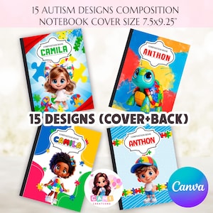 Puede incluir: Cuatro cuadernos de composición con diseños sobre el autismo. Cada portada presenta un personaje de dibujos animados y detalles de rompecabezas. Los cuadernos están etiquetados con nombres y el texto "15 Diseños de composición de cuaderno tamaño 19,05x23,5cm".