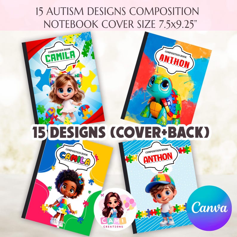May include: Four composition notebooks with autism-themed designs. Each notebook cover features a cartoon character and puzzle piece accents. The notebooks are labeled with names and the text "15 Autism Designs Composition Notebook Cover Size 7.5x9.25".