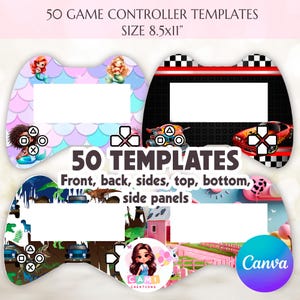 Puede incluir: Un diseño digital con plantillas de mandos de videojuegos. El diseño incluye cuatro contornos de mandos con varios temas, como sirenas, coches de carreras y dinosaurios. El texto dice "50 Plantillas de mandos de juego" y "Tamaño 8.5x11 pulgadas".