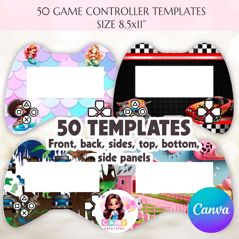 May include: A digital design showcasing game controller templates. The design presents four controller outlines with diverse themes, such as mermaids, race cars, and dinosaurs. Text on the design reads "50 Game Controller Templates" and "Size 8.5x11 inches".