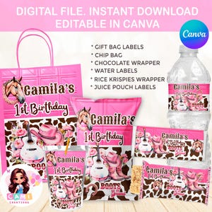Può includere: Un set per feste di compleanno rosa a tema cowgirl. Include etichette per sacchetti regalo, sacchetti di patatine, involucri di cioccolato, etichette per l'acqua, involucri di Rice Krispies ed etichette per bustine di succo. Con un cavallo, una chitarra, stivali da cowboy e la scritta "Camila's 1st Birthday".