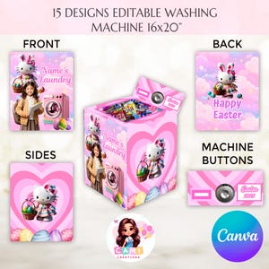 May include: A pink and white printable design for a washing machine-shaped box with a Hello Kitty theme. The design includes a Hello Kitty character, Easter eggs, and the text "Name's Laundry" and "Happy Easter".