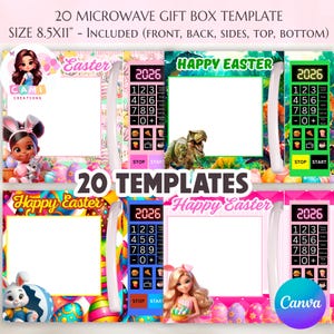 Puede incluir: Un conjunto de plantillas digitales para cajas de regalo de microondas, con diseños de Pascua y otros temas. El conjunto incluye 20 plantillas con vistas frontal, trasera, laterales, superior e inferior. Cada diseño incluye una pantalla digital de microondas con el año 2026.