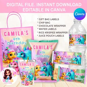 Puede incluir: Un conjunto de suministros para fiestas de 4º cumpleaños, que incluye etiquetas para bolsas de regalo, bolsas de patatas fritas, envoltorios de chocolate, etiquetas para botellas de agua y etiquetas para bolsas de zumo. El diseño presenta dinosaurios de dibujos animados.