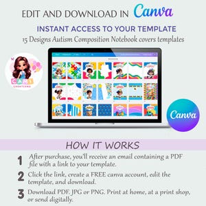 May include: A laptop screen displays 15 autism composition notebook cover templates. The image includes the text "EDIT AND DOWNLOAD IN Canva" and "INSTANT ACCESS TO YOUR TEMPLATE". A logo for "CAMI CREATIONS" is also visible.