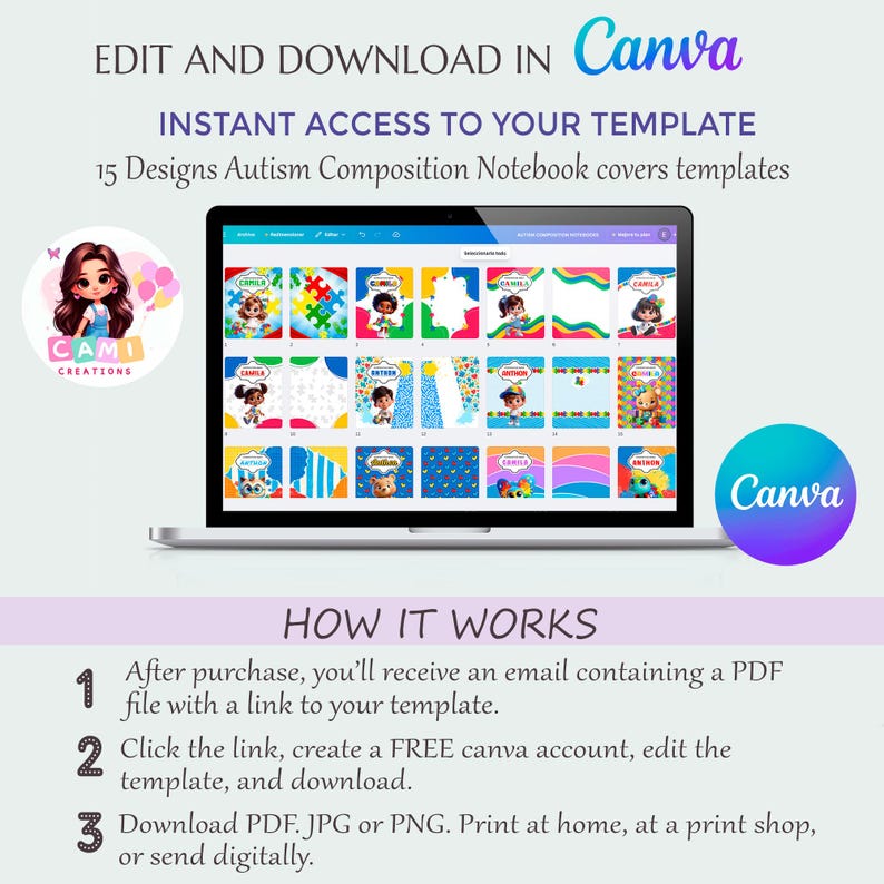 May include: A laptop screen displays 15 autism composition notebook cover templates. The image includes the text "EDIT AND DOWNLOAD IN Canva" and "INSTANT ACCESS TO YOUR TEMPLATE". A logo for "CAMI CREATIONS" is also visible.