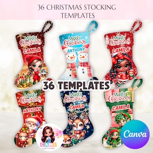 Könnte beinhalten: Sechs Weihnachtssocken-Vorlagen mit verschiedenen Designs. Jeder Strumpf zeigt den Text "Merry Christmas" und einen Namen. Designs umfassen ein Mädchen, Schneemänner, ein Mädchen mit Teddybär, Weihnachtsmann, ein Reh und einen Elf. Der Text "36 CHRISTMAS STOCKING TEMPLATES" steht oben.