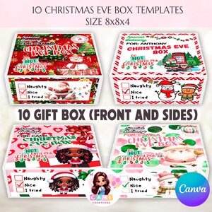 Op de afbeelding: Vier kerstavondboxsjablonen, elk 20x20x10 cm, met feestelijke ontwerpen. De dozen bevatten vakantiegraphics, tekst en een checklist voor "Naughty", "Nice" en "I tried". De dozen zijn versierd met de kerstman, sneeuwpoppen en andere kerstelementen.