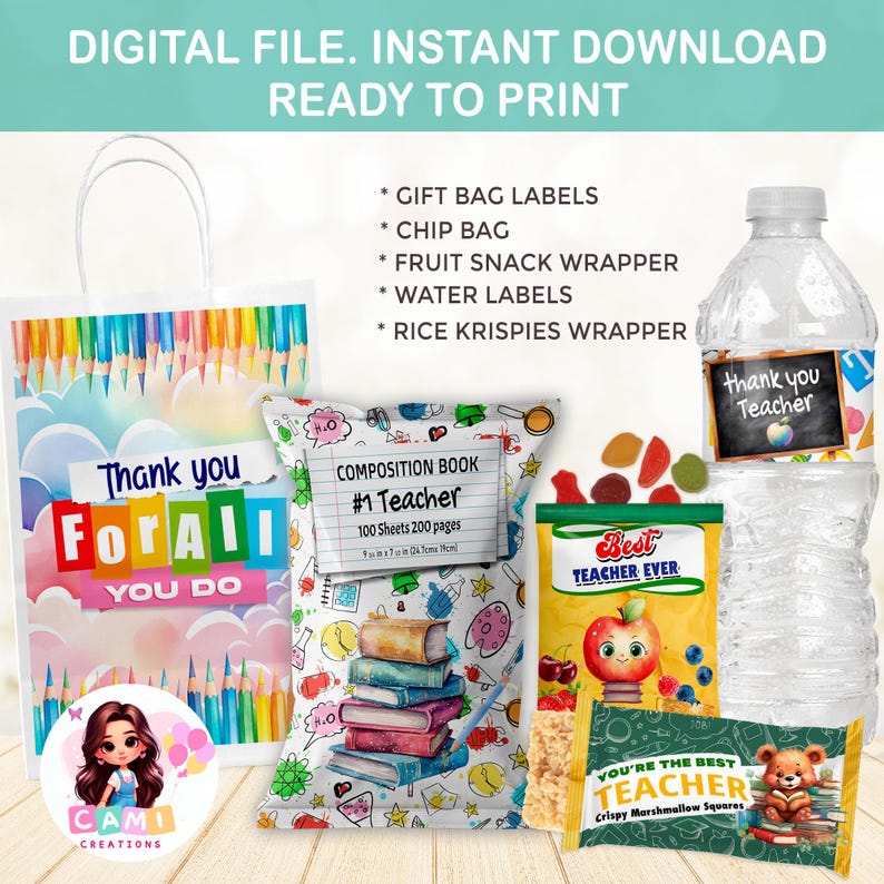 Puede incluir: Etiquetas imprimibles para bolsas de regalo, envoltorios de aperitivos y etiquetas de botellas de agua para el D&iacute;a del Maestro. Las etiquetas presentan un dise&ntilde;o colorido con l&aacute;pices, libros y el texto "Gracias por todo lo que haces".