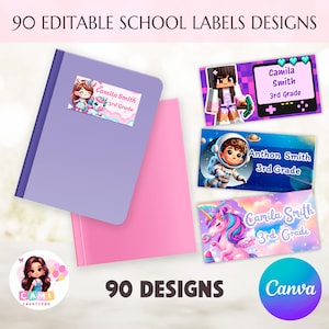 Pode incluir: Imagem de 90 designs de etiquetas escolares editáveis. A imagem mostra um caderno roxo com um rótulo com um unicórnio e o texto "Camila Smith 3rd Grade". Outras etiquetas incluem um astronauta, um personagem pixelado e um unicórnio.