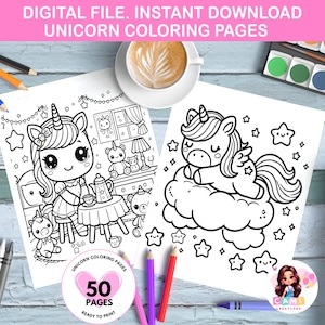 Puede incluir: Dos p&aacute;ginas para colorear en blanco y negro con lindos unicornios. La primera p&aacute;gina muestra un unicornio sentado en una mesa con una tetera y una taza. La segunda p&aacute;gina muestra un unicornio durmiendo en una nube con estrellas. El texto "UNICORN COLORING PAGES" y "50 PAGES READY TO PRINT" es visible en las p&aacute;ginas.
