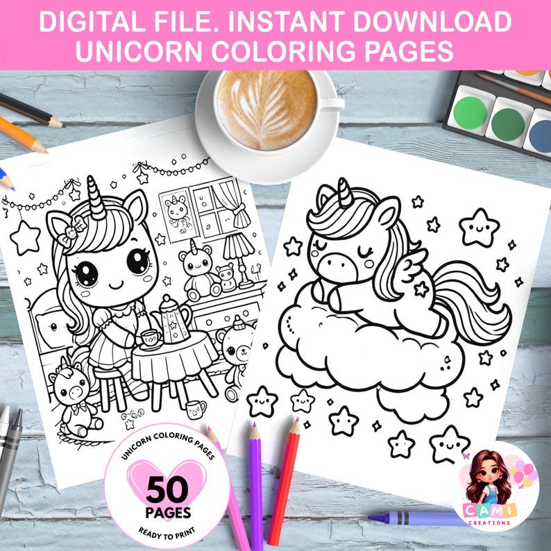 Puede incluir: Dos p&aacute;ginas para colorear en blanco y negro con lindos unicornios. La primera p&aacute;gina muestra un unicornio sentado en una mesa con una tetera y una taza. La segunda p&aacute;gina muestra un unicornio durmiendo en una nube con estrellas. El texto "UNICORN COLORING PAGES" y "50 PAGES READY TO PRINT" es visible en las p&aacute;ginas.