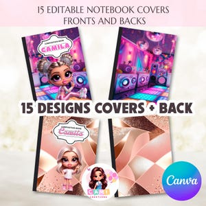 Puede incluir: Imagen de 15 portadas de cuadernos editables, diseños delanteros y traseros. Las portadas presentan ilustraciones de una muñeca en un entorno rosa y patrones geométricos abstractos en tonos rosa y dorado. El texto incluye "CAMILA" y "15 DESIGNS COVERS + BACK".