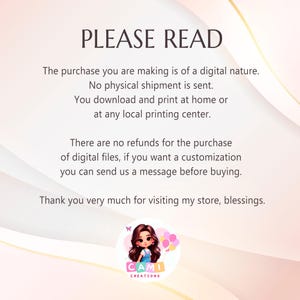 Puede incluir: POR FAVOR, LEA. La compra que est&aacute; realizando es de naturaleza digital. No se env&iacute;a ning&uacute;n env&iacute;o f&iacute;sico. Descarga e imprime en casa o en cualquier centro de impresi&oacute;n local. No hay reembolsos por la compra de archivos digitales. Si desea una personalizaci&oacute;n, puede enviarnos un mensaje antes de comprar. Muchas gracias por visitar mi tienda, bendiciones. CAMI CREATIONS.