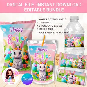 May include: Editable printable labels for Easter party favors. The labels feature a cute bunny with a flower crown and colorful Easter eggs. The labels are designed for water bottles, chip bags, chocolate bars, juice boxes, and Rice Krispies treats. The labels are pink and white with the text "Happy Easter" in rainbow colors.