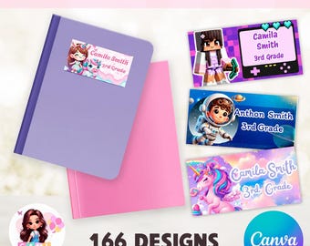 May include: A collection of 166 editable school labels designs featuring various themes like unicorns, astronauts, and video game characters. The set includes rectangular stickers with names like Camila Smith and Anthon Smith, displayed alongside a purple and pink notebook.