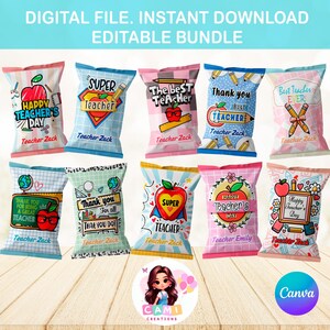 Puede incluir: Archivo digital imprimible de diez diseños diferentes de bolsas de patatas fritas para el Día del Maestro. Cada bolsa presenta un diseño diferente con un mensaje sobre el tema de los maestros, como "Feliz Día del Maestro" y "Super Maestro".