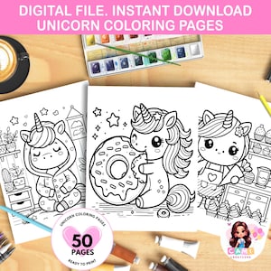 Puede incluir: Un conjunto de 50 páginas para colorear de unicornios imprimibles. Las páginas presentan lindos unicornios en varias poses, incluyendo uno sosteniendo una dona. Las páginas están listas para imprimir y son perfectas para niños de todas las edades.