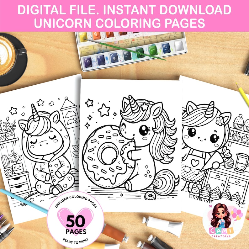 Puede incluir: Un conjunto de 50 p&aacute;ginas para colorear de unicornios imprimibles. Las p&aacute;ginas presentan lindos unicornios en varias poses, incluyendo uno sosteniendo una dona. Las p&aacute;ginas est&aacute;n listas para imprimir y son perfectas para ni&ntilde;os de todas las edades.