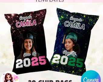 May include: Twenty graduation chip bag templates with a black and pink design and a black and green design. Each design features a photo of a graduate wearing a cap and gown, the text "Congrats", a name, "Class Of", and the year "2025".
